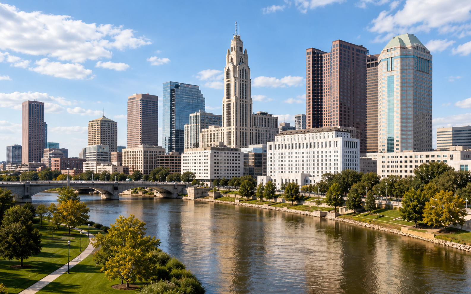Columbus skyline with LeVeque Tower and riverfront