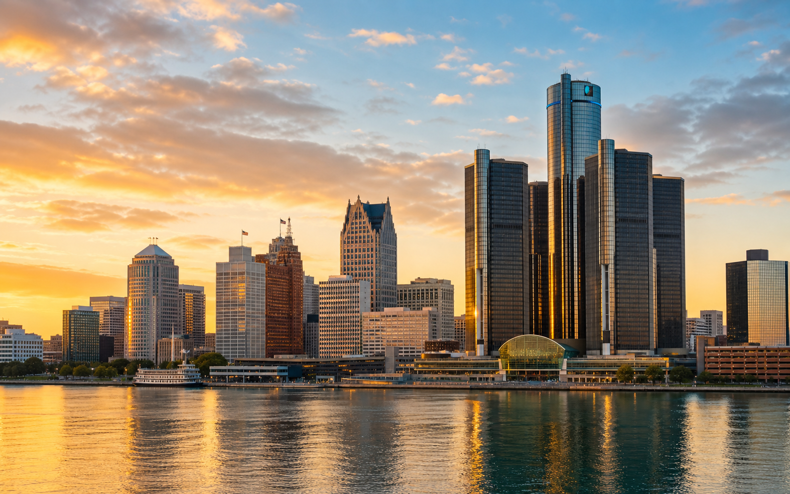 Detroit skyline with Renaissance Center on the riverfront