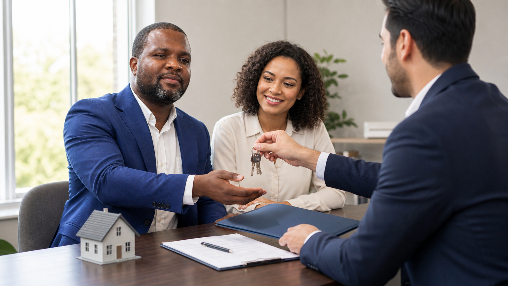 Homeowner receiving house keys at a coordinated closing table